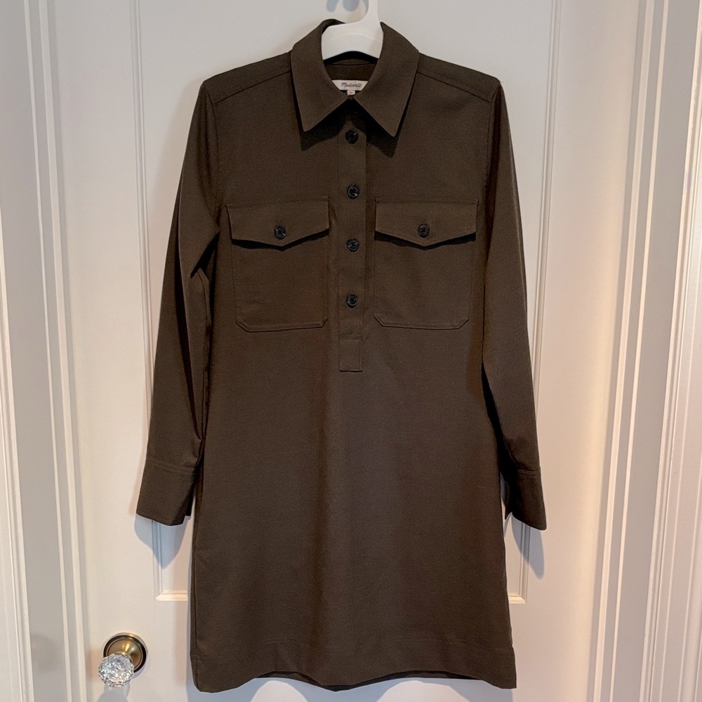 NWT Madewell Button-Up Mini Shirtdress with long sleeves in Dark Olive Melange